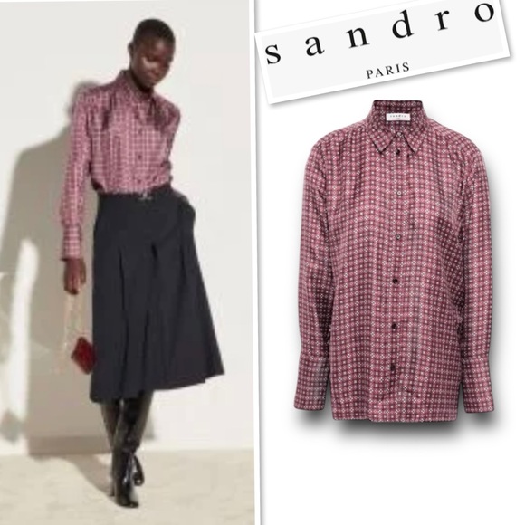 SANDRO Thia Printed 100% Silk-twill Shirt Blouse In Bordeaux Size 4 - Picture 2 of 16